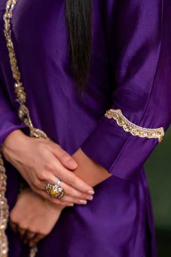 Gulabik Jaipur_Purple Chanderi Split V-neck Handloom Embroidered Kurta Gharara Set _at_Aza_Fashions