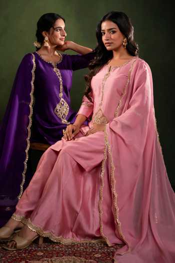 Buy Gulabik Jaipur Purple Chanderi Split V-neck Handloom Embroidered Kurta Gharara Set Buy_Gulabik Jaipur_Purple Chanderi Split V-neck Handloom Embroidered Kurta Gharara Set