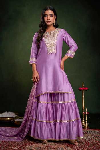 Buy_Gulabik Jaipur_Purple Chanderi Hand Embroidered Kurta Sharara Set _Online_at_Aza_Fashions