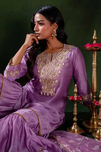 Shop_Gulabik Jaipur_Purple Chanderi Hand Embroidered Kurta Sharara Set _Online_at_Aza_Fashions