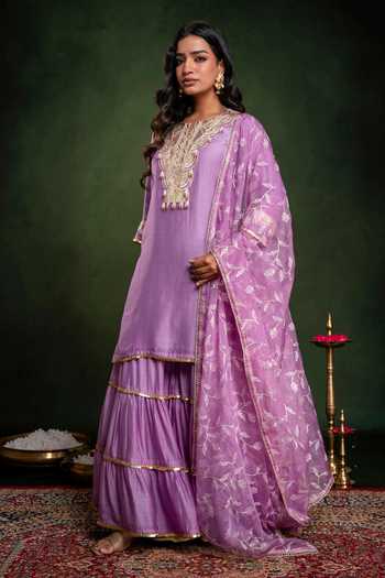 Gulabik Jaipur_Purple Chanderi Hand Embroidered Kurta Sharara Set _at_Aza_Fashions