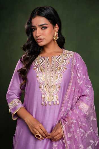 Buy_Gulabik Jaipur_Purple Chanderi Hand Embroidered Kurta Sharara Set 
