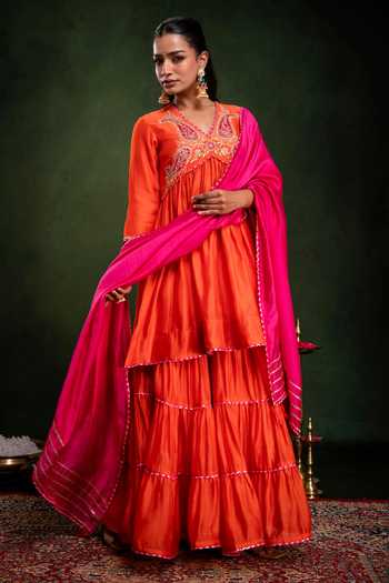 Buy_Gulabik Jaipur_Orange Chanderi V-neck Handloom Kurta Sharara Set _Online_at_Aza_Fashions