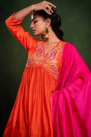 Shop_Gulabik Jaipur_Orange Chanderi V-neck Handloom Kurta Sharara Set _Online_at_Aza_Fashions