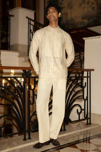Dash And Dot Ivory Cotton Pintucked Lace Shirt Online at Aza Fashions Dash And Dot_Ivory Cotton Pintucked Lace Shirt _Online_at_Aza_Fashions