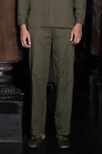 Dash And Dot_Olive Green Cotton Pintuck Pant _Online_at_Aza_Fashions