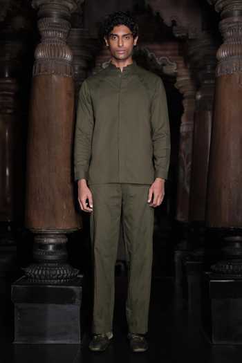 Shop_Dash And Dot_Olive Green Cotton Pintuck Pant _Online_at_Aza_Fashions