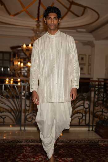 Shop Dash And Dot Ivory Viscose, Nylon Embroidered Shirt Kurta And Draped Dhoti Pant Set Online at Aza Fashions Shop_Dash And Dot_Ivory Viscose, Nylon Embroidered Shirt Kurta And Draped Dhoti Pant Set _Online_at_Aza_Fashions