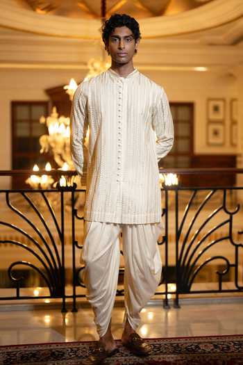 Dash And Dot Embroidered Shirt Kurta & Draped Dhoti Pant Set 