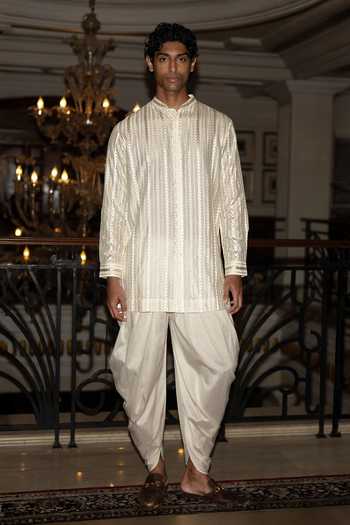 Dash And Dot Embroidered Shirt Kurta & Draped Dhoti Pant Set 