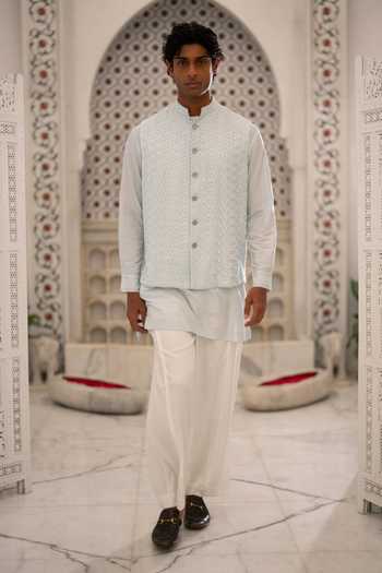 Buy Dash And Dot Sky Blue Viscose Embroidery Textured Bundi Jacket Online at Aza Fashions Buy_Dash And Dot_Sky Blue Viscose Embroidery Textured Bundi Jacket _Online_at_Aza_Fashions