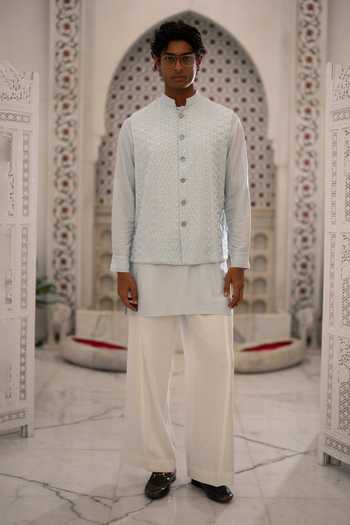 Shop Dash And Dot Sky Blue Viscose Embroidery Textured Bundi Jacket Online at Aza Fashions Shop_Dash And Dot_Sky Blue Viscose Embroidery Textured Bundi Jacket _Online_at_Aza_Fashions