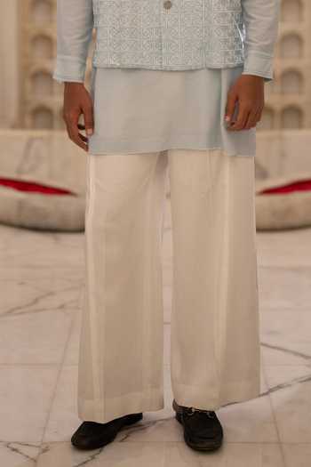Dash And Dot Blue Viscose, Nylon Embroidery Textured Bundi With Kurta Online at Aza Fashions Dash And Dot_Blue Viscose, Nylon Embroidery Textured Bundi With Kurta _Online_at_Aza_Fashions