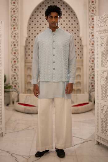 Buy Dash And Dot Blue Viscose, Nylon Embroidery Textured Bundi With Kurta Buy_Dash And Dot_Blue Viscose, Nylon Embroidery Textured Bundi With Kurta