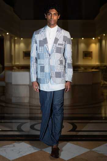 Dash And Dot Patchwork Check Blazer & Kurta Set 