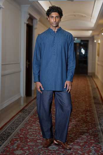 Dash And Dot Denim Shirt Kurta & Barrel Pant Set 