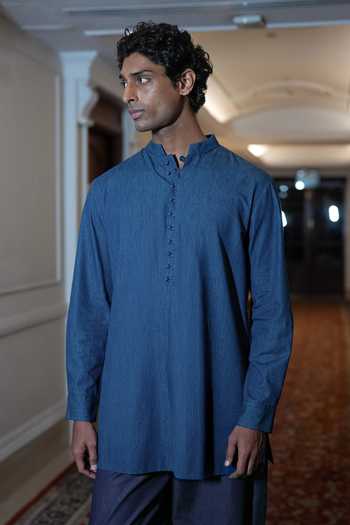 Buy_Dash And Dot_Blue Cotton Denim Shirt Kurta And Barrel Pant Set _Online_at_Aza_Fashions