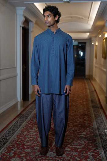 Shop_Dash And Dot_Blue Cotton Denim Shirt Kurta And Barrel Pant Set _Online_at_Aza_Fashions