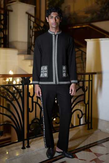 Dash And Dot Black Polyester, Lycra Mirrorwork Embroidered Shacket Online at Aza Fashions Dash And Dot_Black Polyester, Lycra Mirrorwork Embroidered Shacket _Online_at_Aza_Fashions