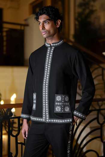 Buy Dash And Dot Black Polyester, Lycra Mirrorwork Embroidered Shacket Online at Aza Fashions Buy_Dash And Dot_Black Polyester, Lycra Mirrorwork Embroidered Shacket _Online_at_Aza_Fashions