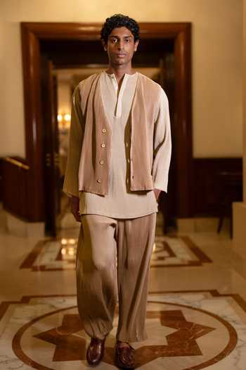 Dash And Dot Beige Polyester Pleated Textured Jacket Online at Aza Fashions Dash And Dot_Beige Polyester Pleated Textured Jacket _Online_at_Aza_Fashions