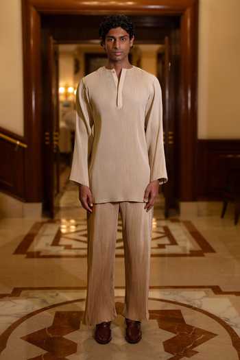 Buy Dash And Dot Beige Polyester Pleated Straight-cut Pant Online at Aza Fashions Buy_Dash And Dot_Beige Polyester Pleated Straight-cut Pant _Online_at_Aza_Fashions
