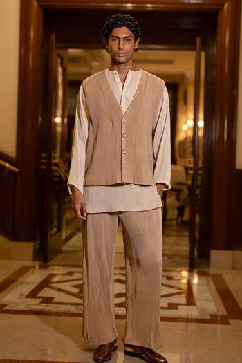 Buy Dash And Dot Beige Polyester Pleated Straight-cut Pant Buy_Dash And Dot_Beige Polyester Pleated Straight-cut Pant