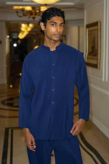 Buy_Dash And Dot_Blue Polyester Pleated Bandhgala And Pant Set _Online_at_Aza_Fashions