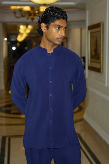 Shop_Dash And Dot_Blue Polyester Pleated Bandhgala And Pant Set _Online_at_Aza_Fashions