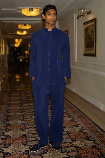 Dash And Dot_Blue Polyester Pleated Bandhgala And Pant Set _at_Aza_Fashions