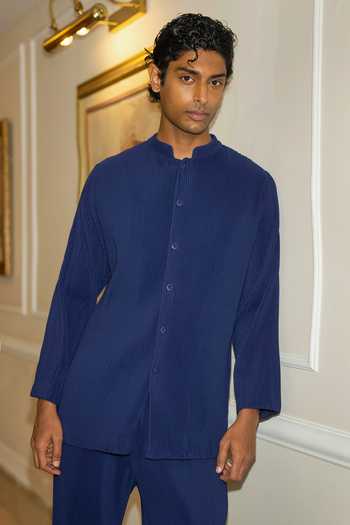 Shop_Dash And Dot_Blue Polyester Pleated Bandhgala And Pant Set 