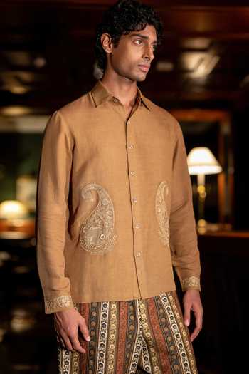 Shop Dash And Dot Yellow Linen, Viscose Embroidered Shirt Online at Aza Fashions Shop_Dash And Dot_Yellow Linen, Viscose Embroidered Shirt _Online_at_Aza_Fashions