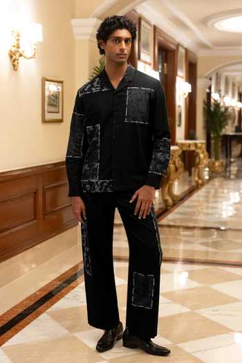 Shop Dash And Dot Black Cotton, Linen Patchwork Applique Pant Online at Aza Fashions Shop_Dash And Dot_Black Cotton, Linen Patchwork Applique Pant _Online_at_Aza_Fashions