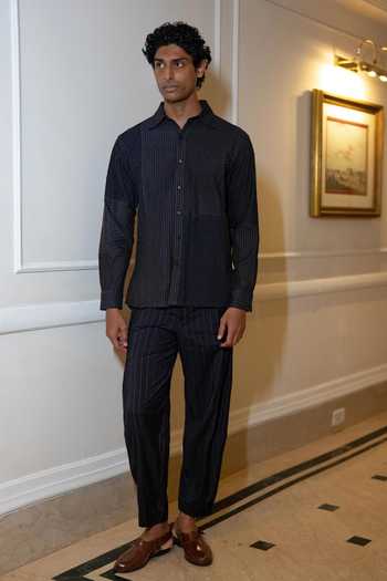 Dash And Dot_Navy Viscose, Nylon Variegated Pintucked Shirt _Online_at_Aza_Fashions