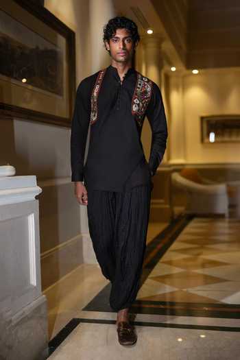 Dash And Dot Black Cotton Harness Embroidered Shirt Kurta Online at Aza Fashions Dash And Dot_Black Cotton Harness Embroidered Shirt Kurta _Online_at_Aza_Fashions