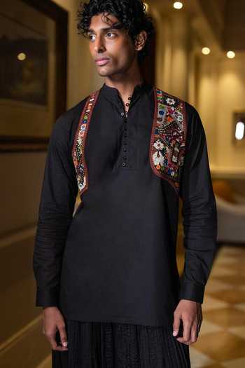Shop Dash And Dot Black Cotton Harness Embroidered Shirt Kurta Online at Aza Fashions Shop_Dash And Dot_Black Cotton Harness Embroidered Shirt Kurta _Online_at_Aza_Fashions