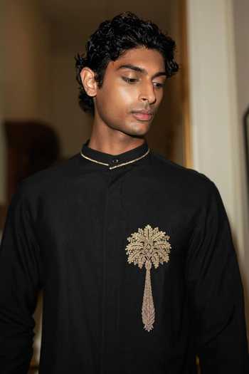 Dash And Dot Black Viscose, Nylon Embroidered Motif Shirt And Lungi Set at Aza Fashions Dash And Dot_Black Viscose, Nylon Embroidered Motif Shirt And Lungi Set _at_Aza_Fashions