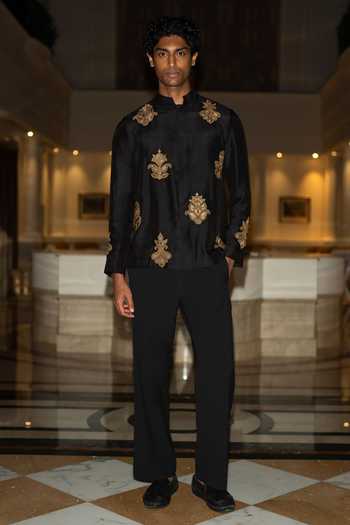Shop Dash And Dot Black Viscose, Nylon, Polyester Embroidered Textured Shirt And Straight Pant Set Online at Aza Fashions Shop_Dash And Dot_Black Viscose, Nylon, Polyester Embroidered Textured Shirt And Straight Pant Set _Online_at_Aza_Fashions