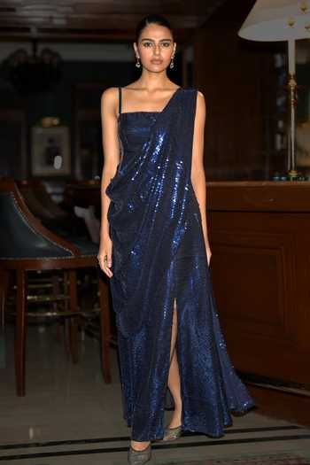 Shop_Dash And Dot_Blue Polyester Sequins Square Neck Draped Saree Gown _Online_at_Aza_Fashions