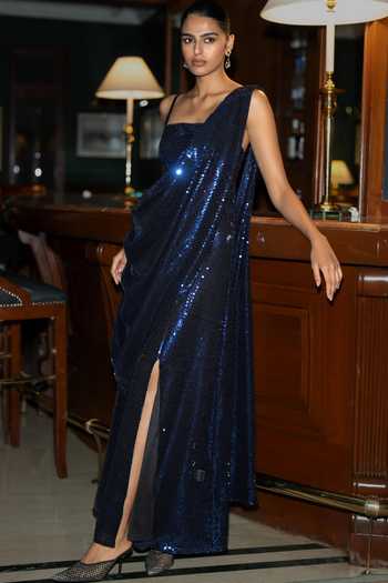 Buy_Dash And Dot_Blue Polyester Sequins Square Neck Draped Saree Gown 