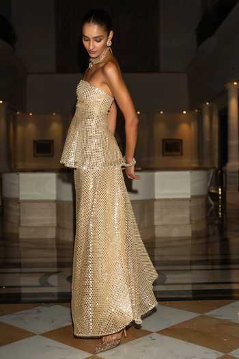 Dash And Dot_Beige Nylon, Viscose Bandeau Neck Mirror Sequin Peplum Top _Online_at_Aza_Fashions