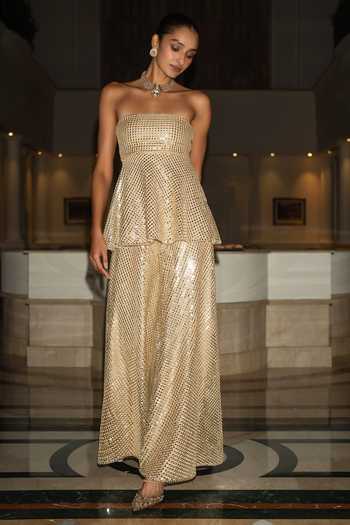 Shop_Dash And Dot_Beige Nylon, Viscose Bandeau Neck Mirror Sequin Peplum Top _Online_at_Aza_Fashions