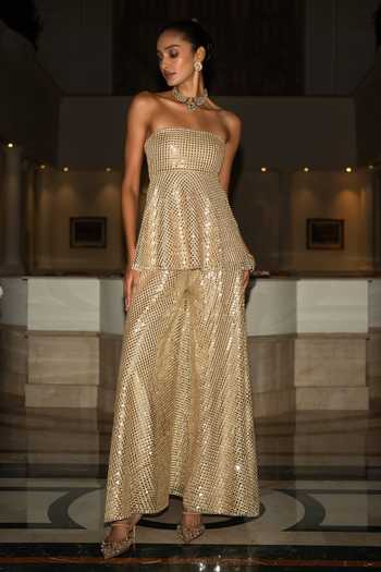 Dash And Dot_Beige Nylon, Viscose Bandeau Neck Mirror Sequin Peplum Top _at_Aza_Fashions