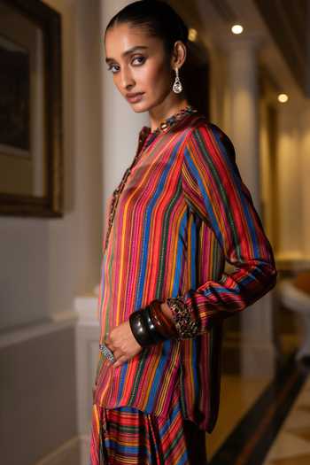 Dash And Dot Multi Color Viscose Band Collar Mirror Embroidered Shirt And Draped Skirt Set Online at Aza Fashions Dash And Dot_Multi Color Viscose Band Collar Mirror Embroidered Shirt And Draped Skirt Set _Online_at_Aza_Fashions