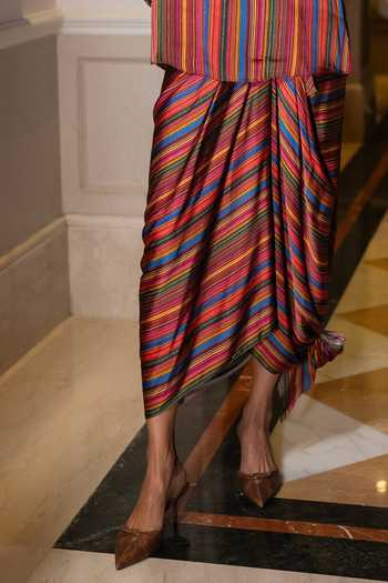 Buy Dash And Dot Multi Color Viscose Band Collar Mirror Embroidered Shirt And Draped Skirt Set Online at Aza Fashions Buy_Dash And Dot_Multi Color Viscose Band Collar Mirror Embroidered Shirt And Draped Skirt Set _Online_at_Aza_Fashions
