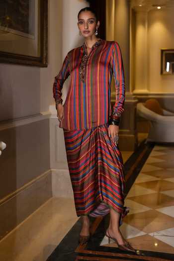 Dash And Dot Mirror Embroidered Shirt & Draped Skirt Set 