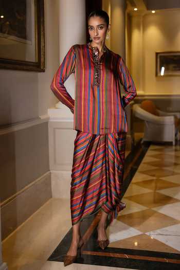 Shop Dash And Dot Multi Color Viscose Band Collar Mirror Embroidered Shirt And Draped Skirt Set Online at Aza Fashions Shop_Dash And Dot_Multi Color Viscose Band Collar Mirror Embroidered Shirt And Draped Skirt Set _Online_at_Aza_Fashions