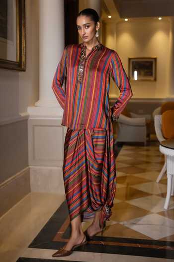 Dash And Dot Multi Color Viscose Band Collar Mirror Embroidered Shirt And Draped Skirt Set at Aza Fashions Dash And Dot_Multi Color Viscose Band Collar Mirror Embroidered Shirt And Draped Skirt Set _at_Aza_Fashions