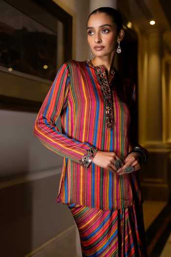 Buy Dash And Dot Multi Color Viscose Band Collar Mirror Embroidered Shirt And Draped Skirt Set Buy_Dash And Dot_Multi Color Viscose Band Collar Mirror Embroidered Shirt And Draped Skirt Set