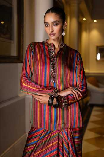 Shop Dash And Dot Multi Color Viscose Band Collar Mirror Embroidered Shirt And Draped Skirt Set Shop_Dash And Dot_Multi Color Viscose Band Collar Mirror Embroidered Shirt And Draped Skirt Set